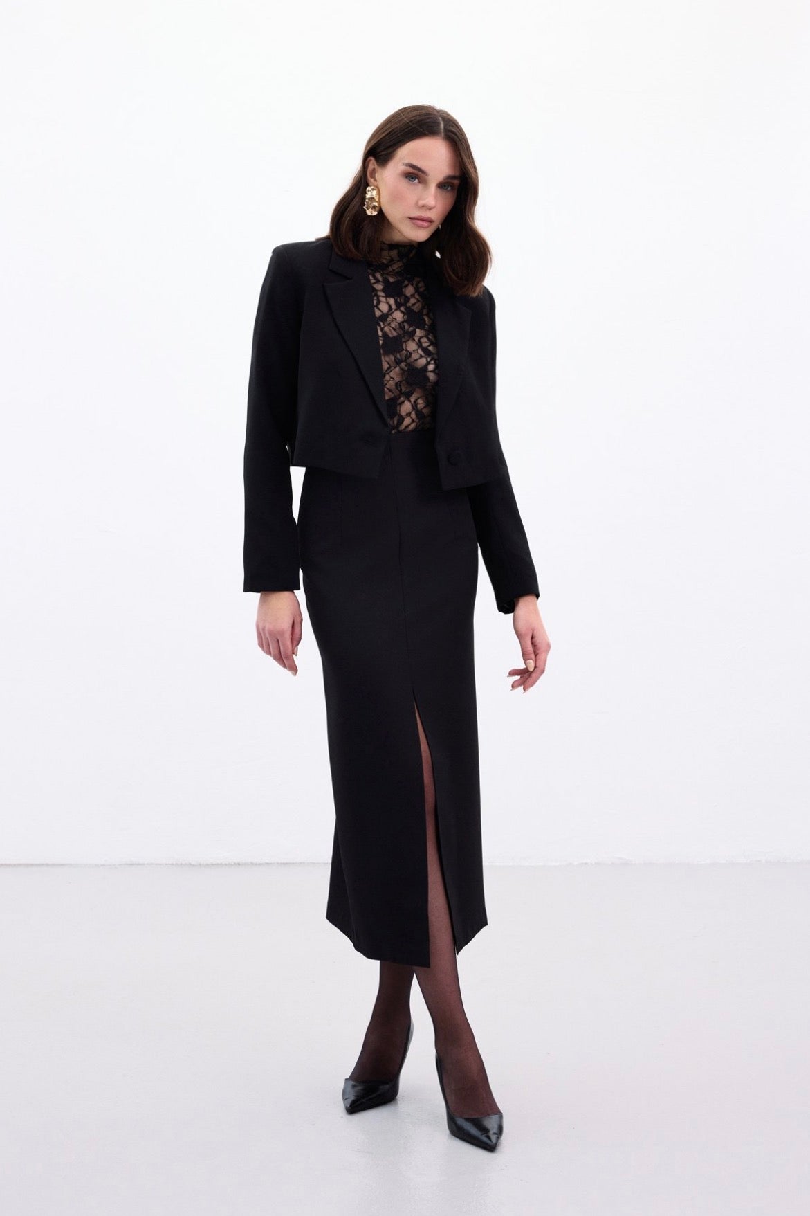 Black Front Slit Pencil Midi Skirt