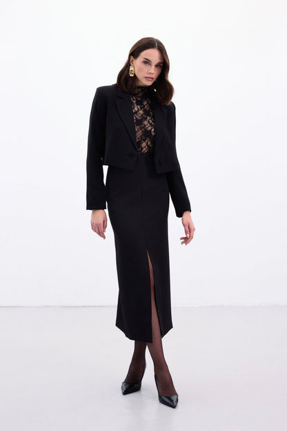 Black Front Slit Pencil Midi Skirt