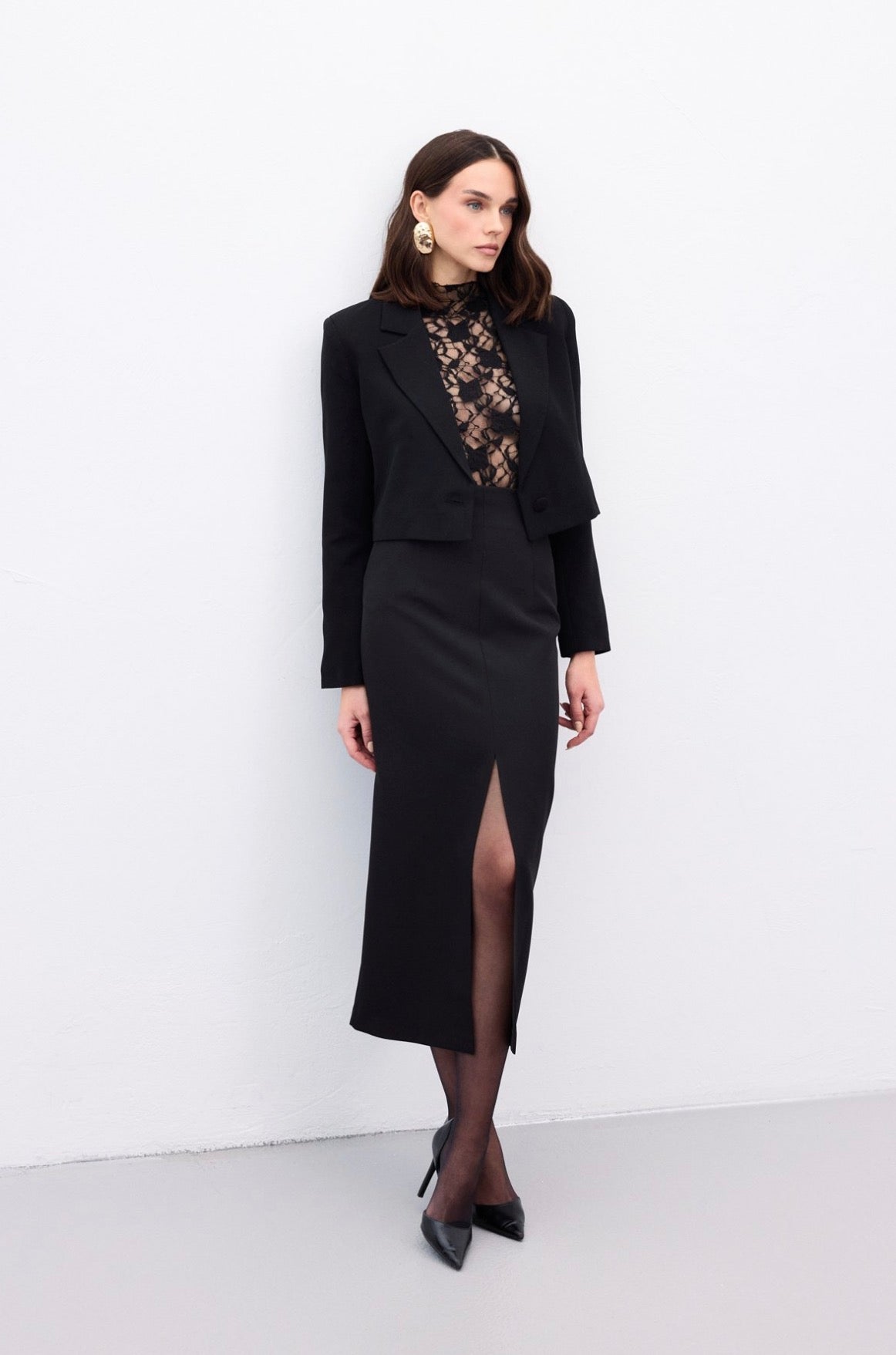 Black Front Slit Pencil Midi Skirt