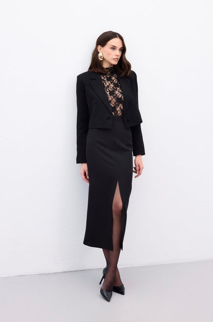 Black Front Slit Pencil Midi Skirt