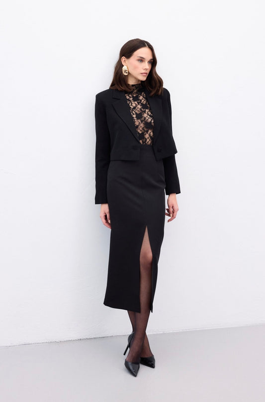 Black Front Slit Pencil Midi Skirt