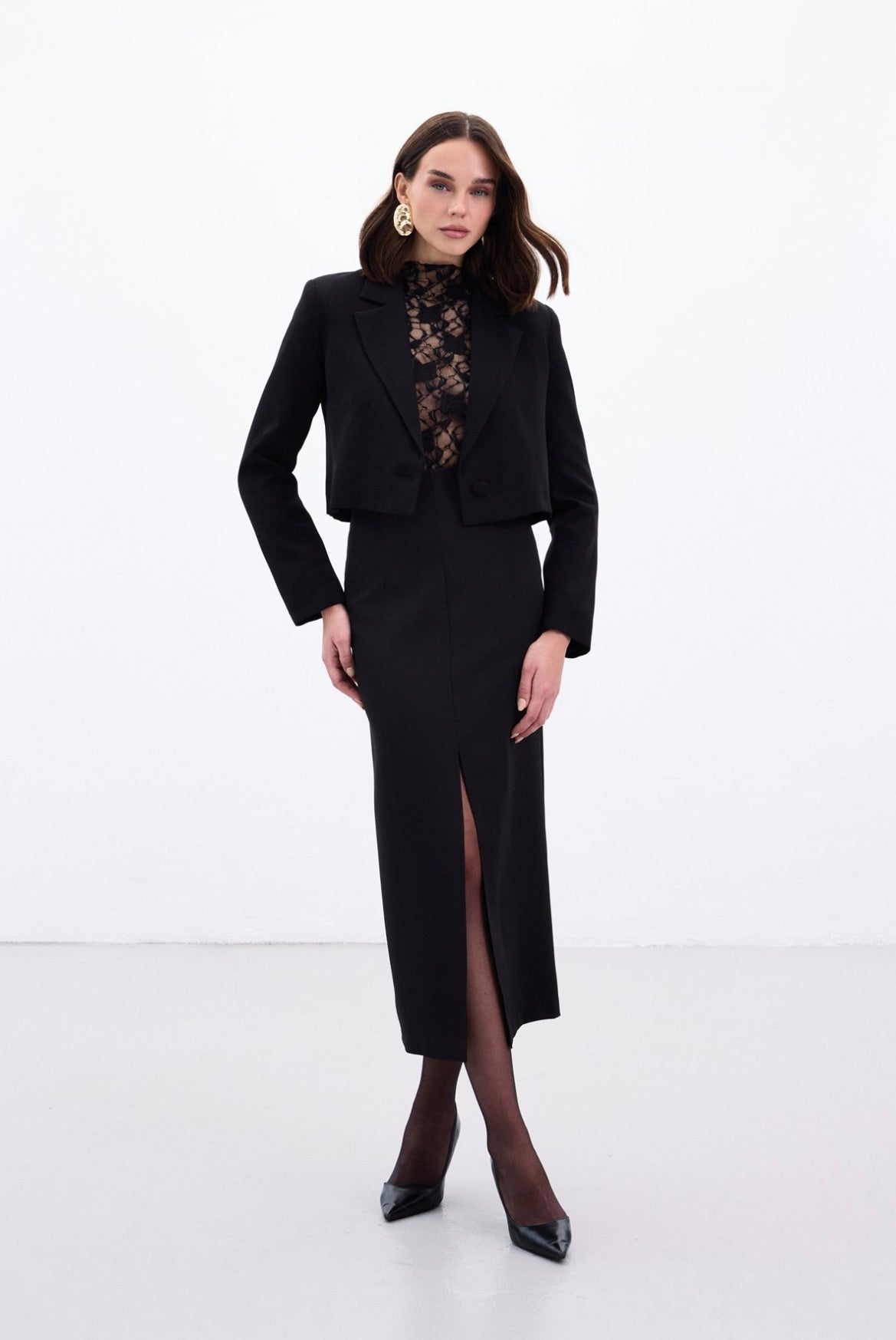 Black Front Slit Pencil Midi Skirt