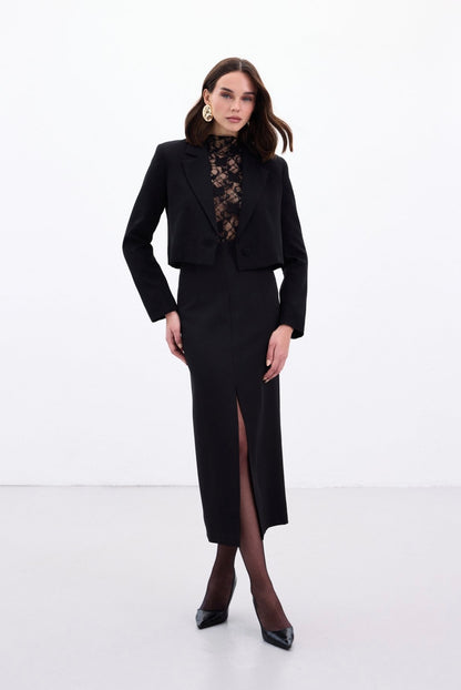 Black Front Slit Pencil Midi Skirt