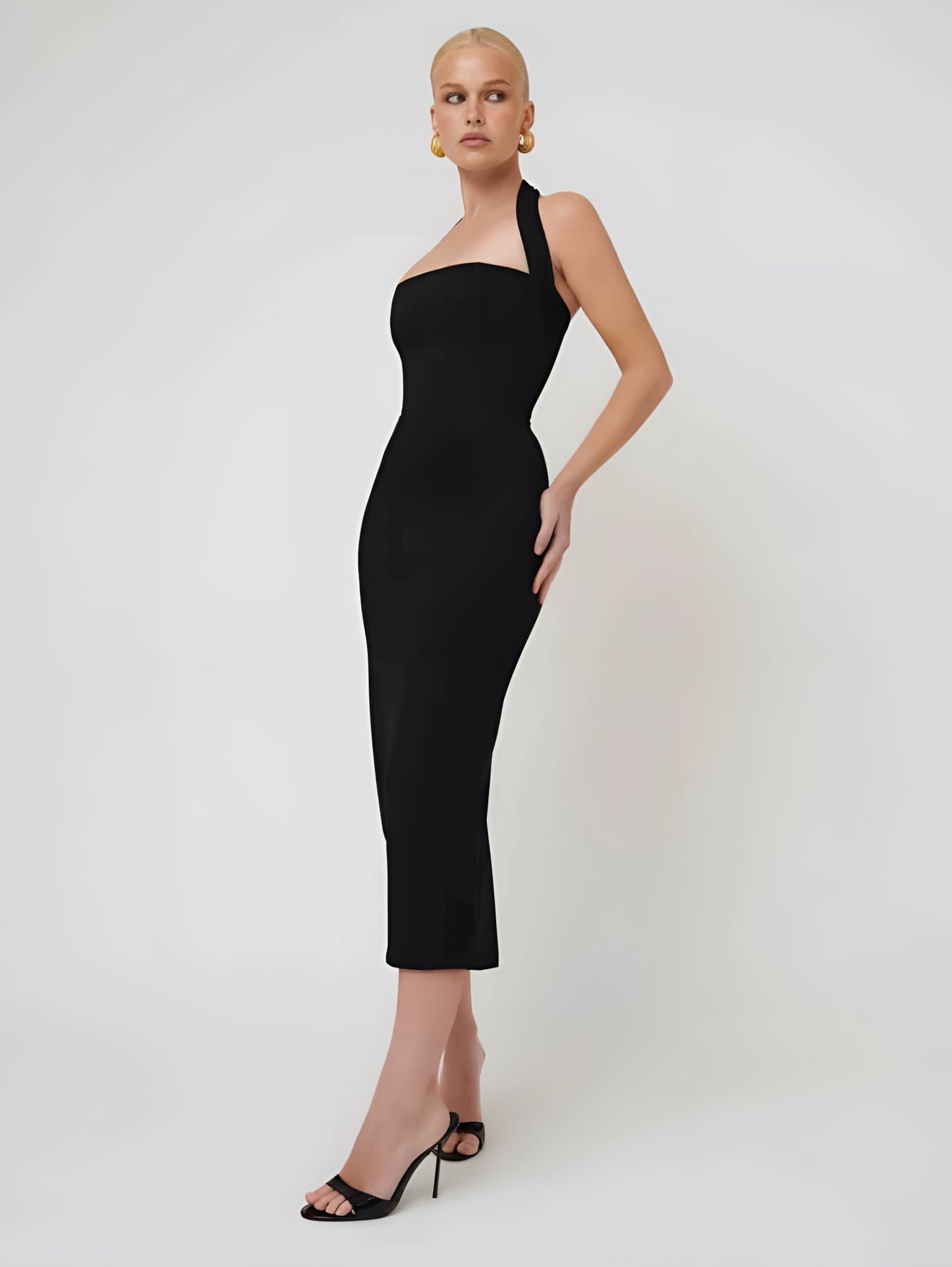 Black Halter Bodycon Midi Dress