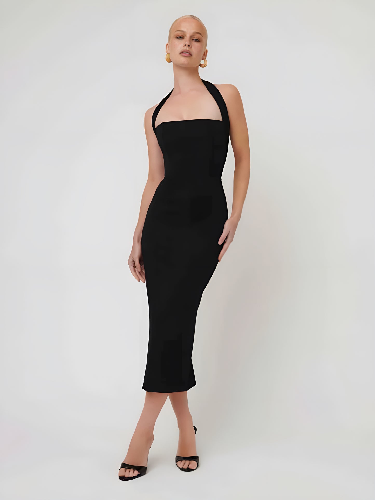 Black Halter Bodycon Midi Dress