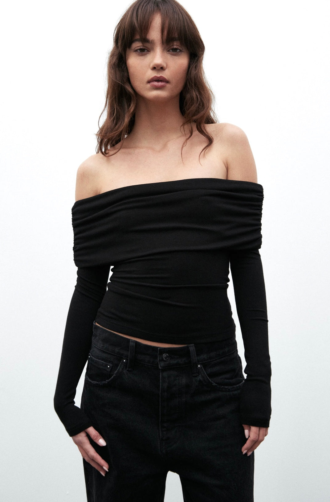 Black Knitted Off Shoulder Full Sleeves Top