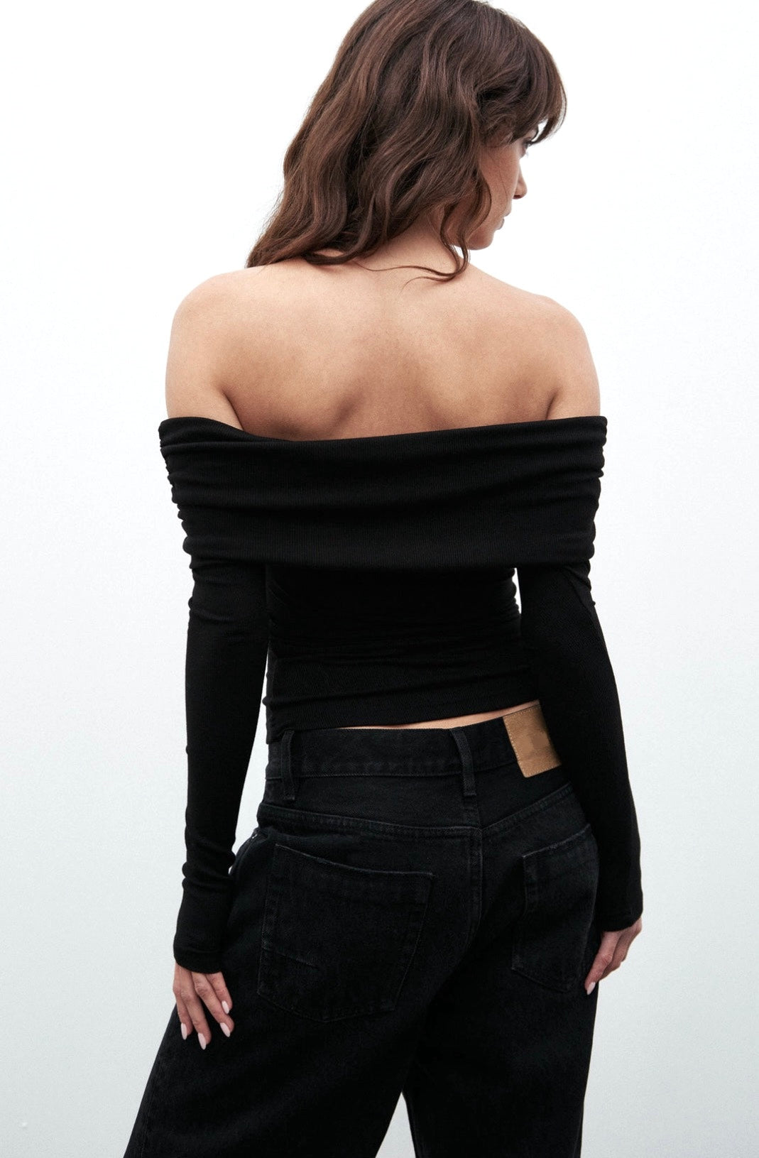 Black Knitted Off Shoulder Full Sleeves Top