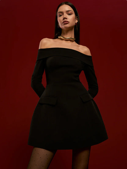 Black Off Shoulder Pocket Mini Dress