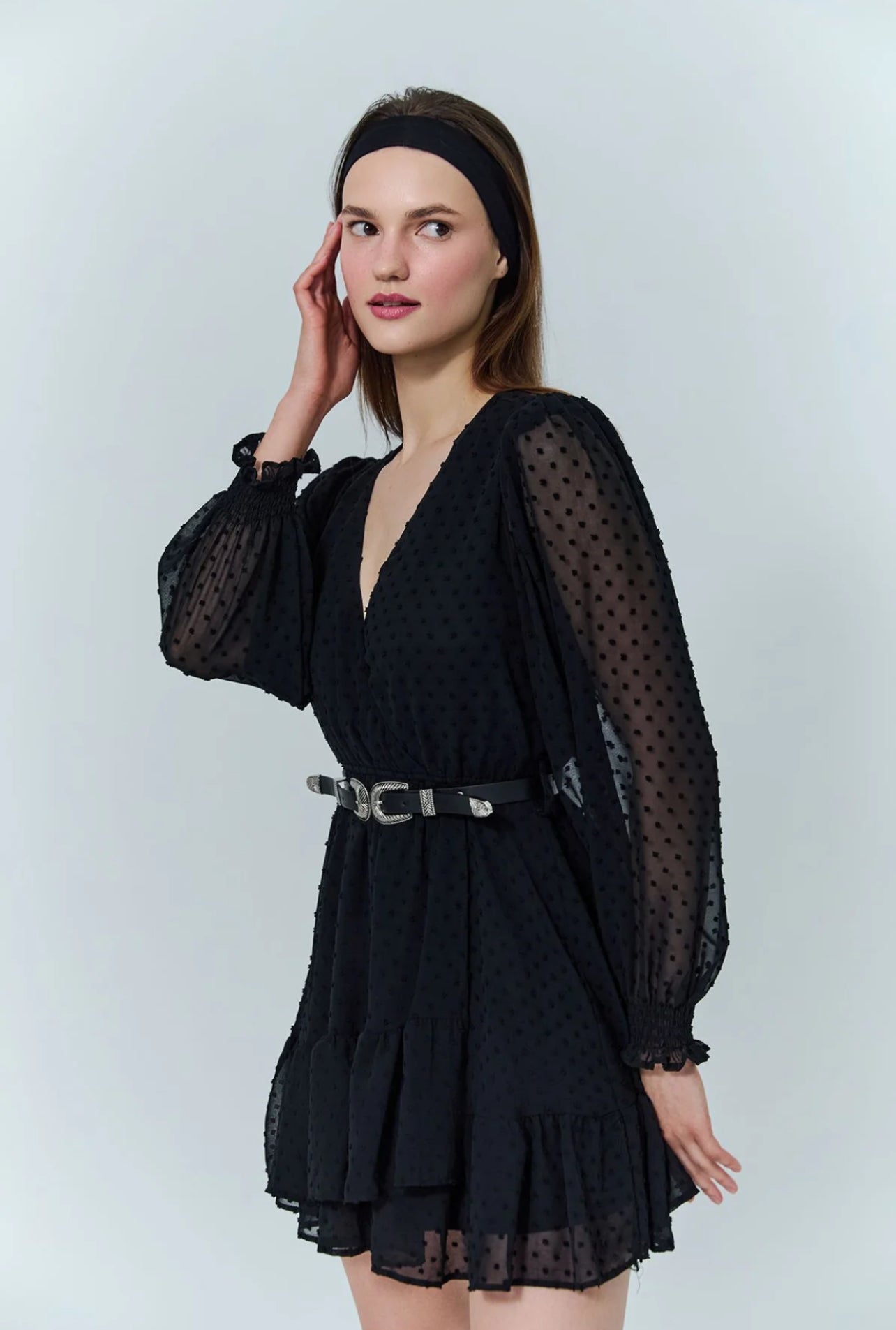 Black Pile Detailed Mini Dress