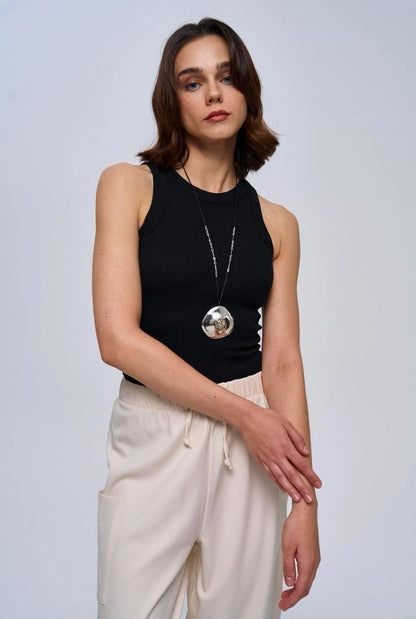 Black Ribbed Cotton Vest Top