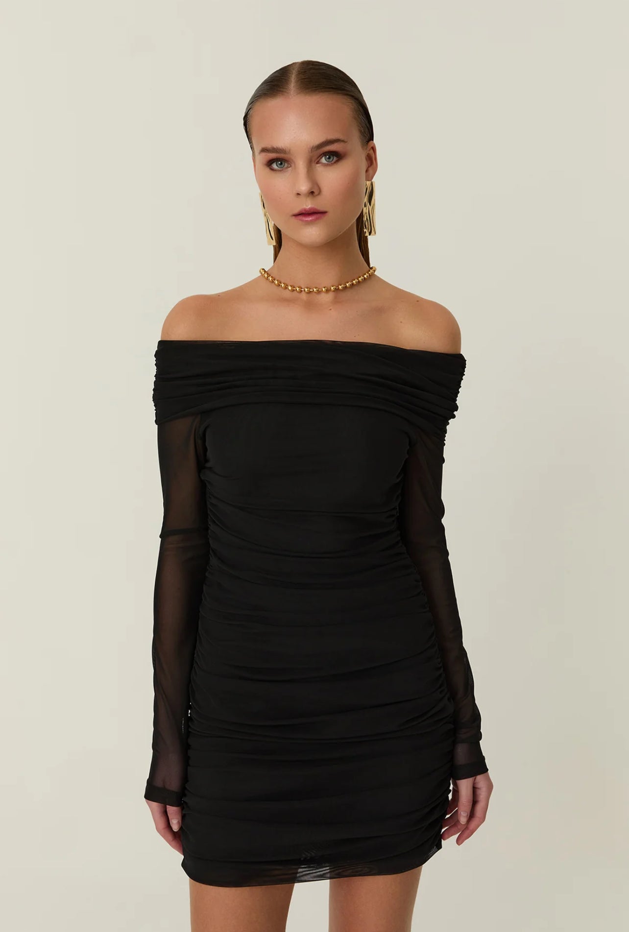 Black Ruched Off Shoulder Dress