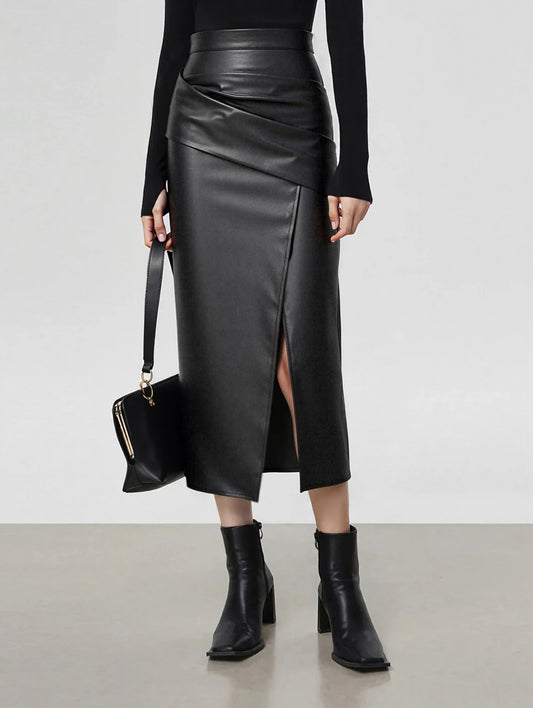 Black Ruched Slit Leather Midi Skirt