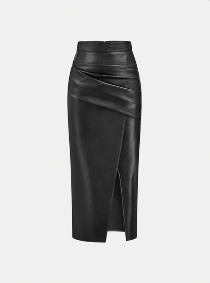 Black Ruched Slit Leather Midi Skirt