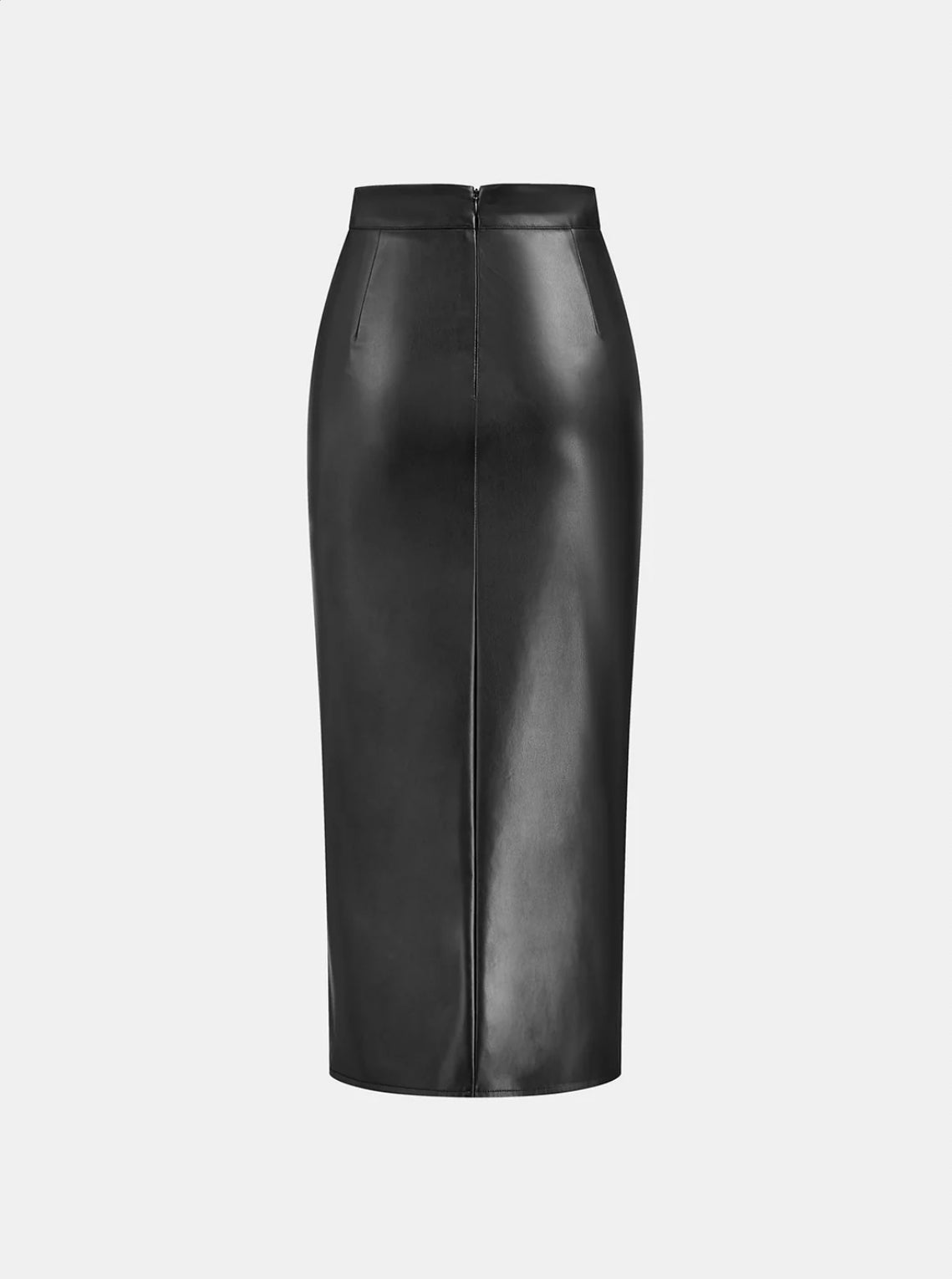 Black Ruched Slit Leather Midi Skirt