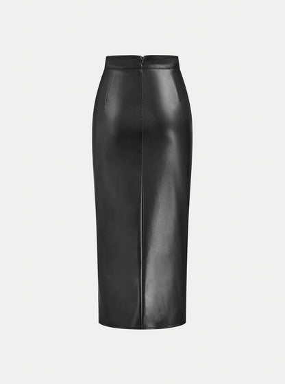 Black Ruched Slit Leather Midi Skirt