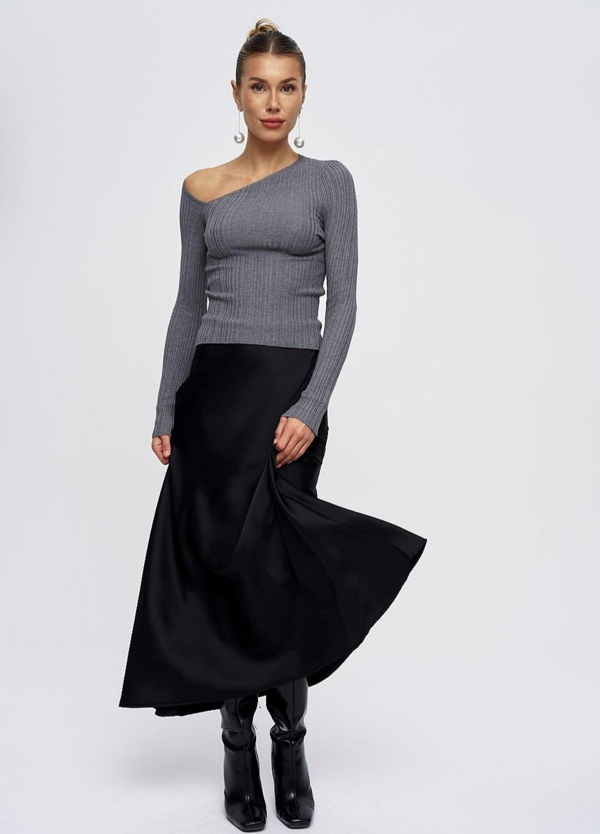 Black Satin A-line Mermaid Skirt