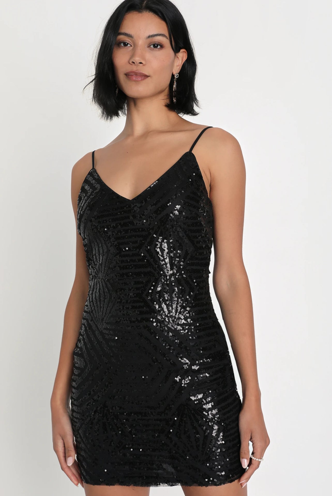 Black Sequined V-neck Mini Dress