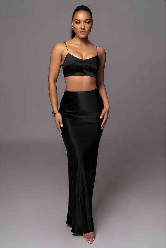 Black Verina Satin Maxi Skirt