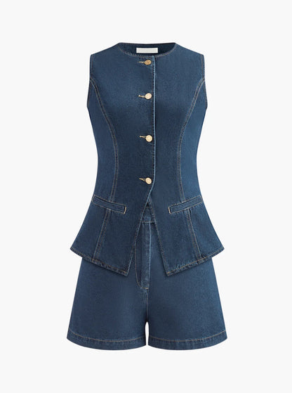 Blue Denim Waistcoat and Shorts Co-ord Set