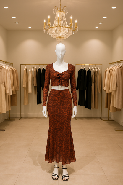 Brown Animal Print Top & Skirt Set