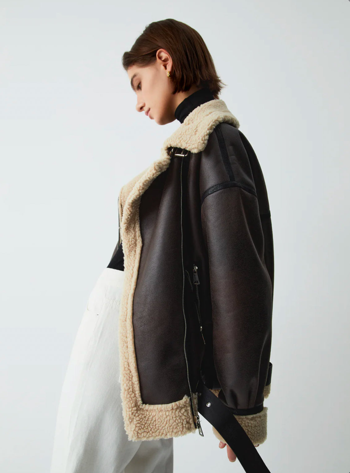 Brown Faux Leather Shearling Jacket