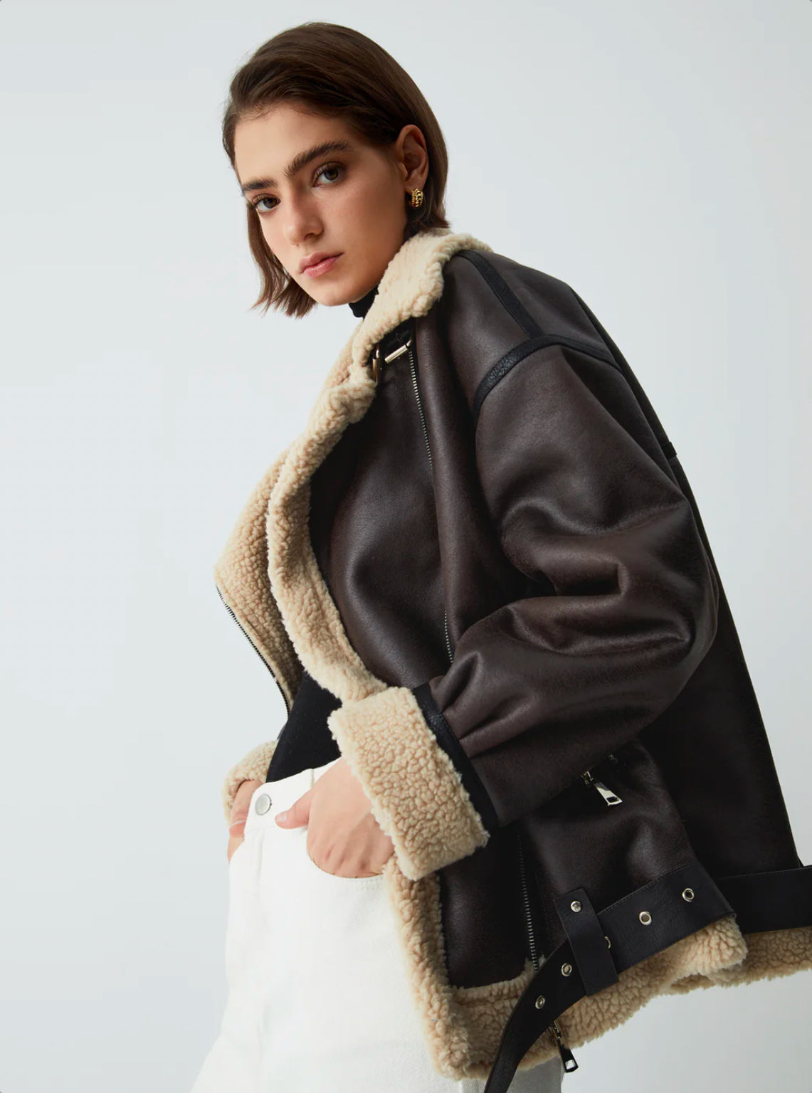 Brown Faux Leather Shearling Jacket