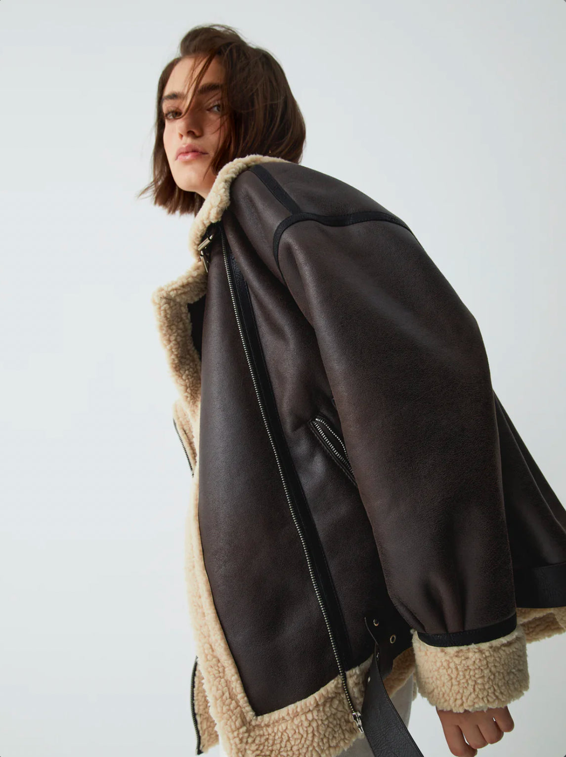 Brown Faux Leather Shearling Jacket