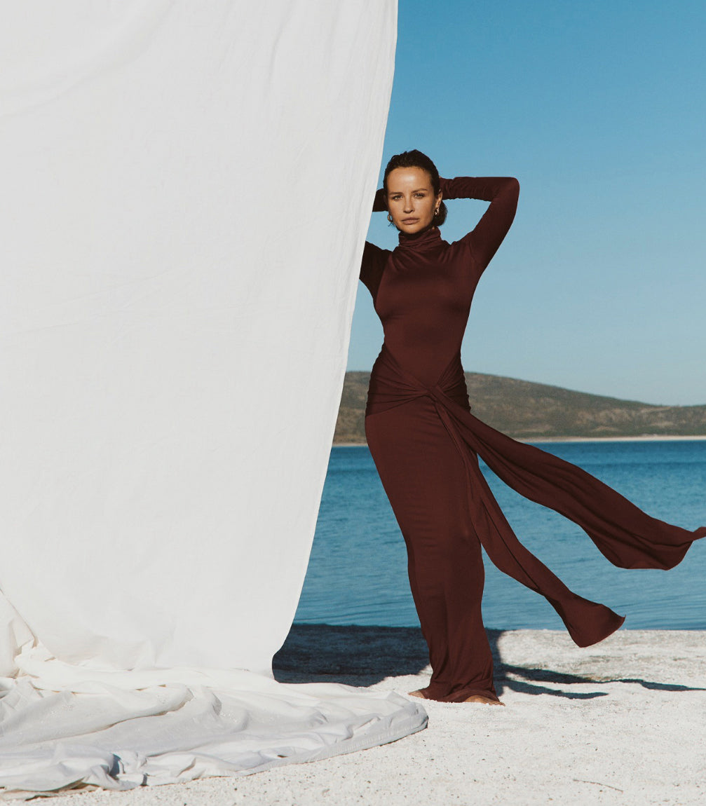Brown Gathered High-neck Maxi Dress
