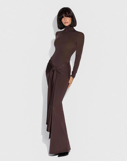 Brown Gathered High-neck Maxi Dress