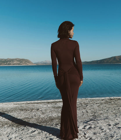 Brown Gathered High-neck Maxi Dress