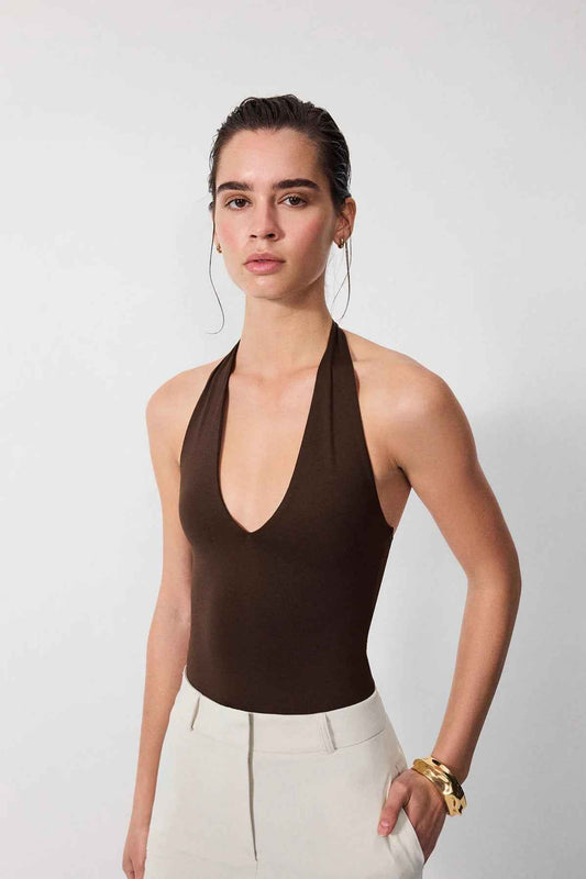 Brown Ruched Halterneck Top