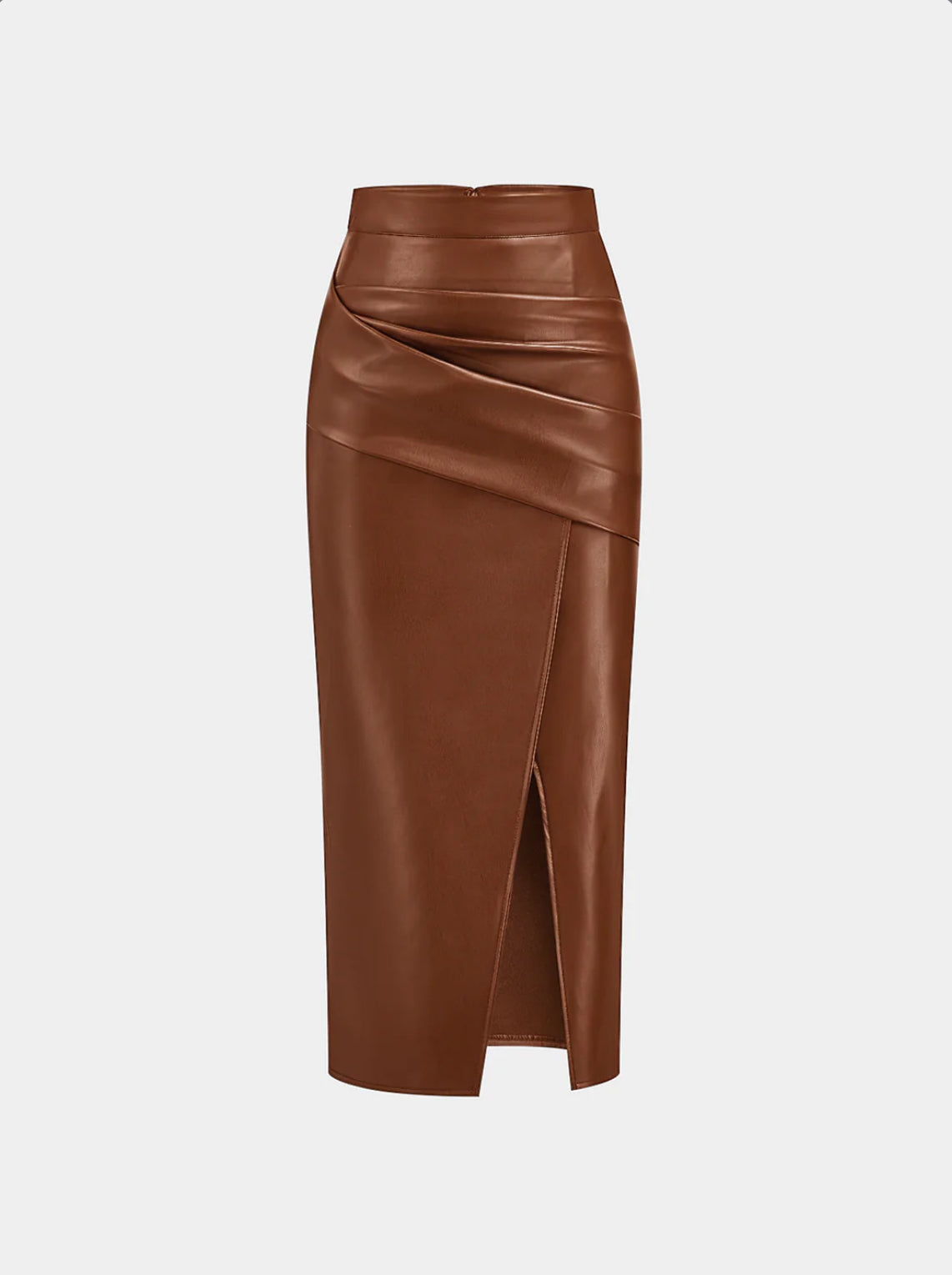 Brown Ruched Slit Leather Midi Skirt