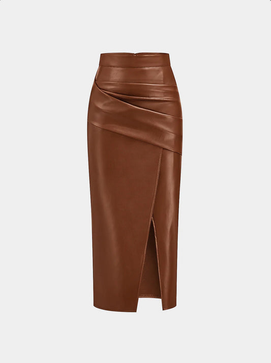Brown Ruched Slit Leather Midi Skirt