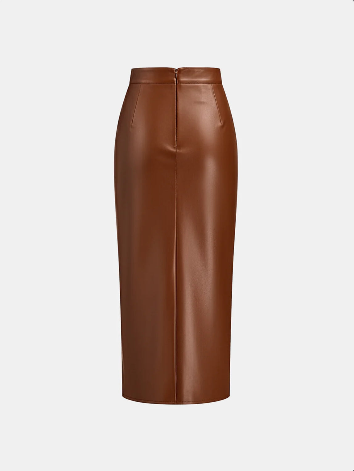 Brown Ruched Slit Leather Midi Skirt