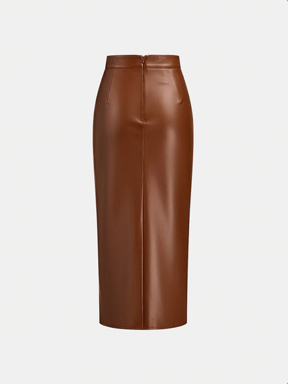 Brown Ruched Slit Leather Midi Skirt