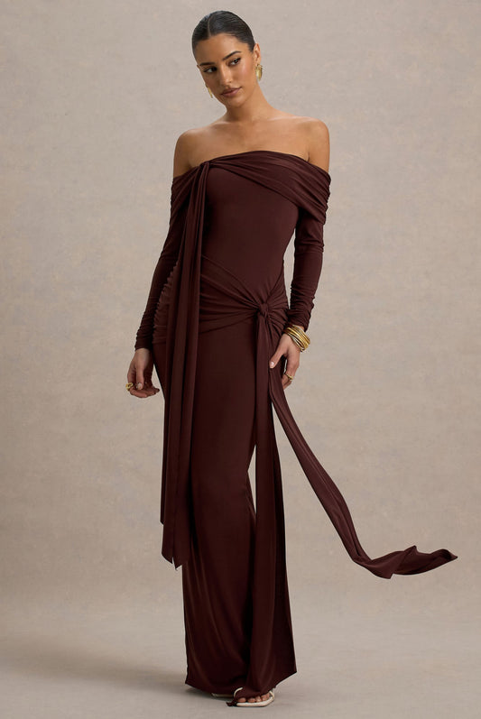 Brown Off Shoulder Bodycon Dress