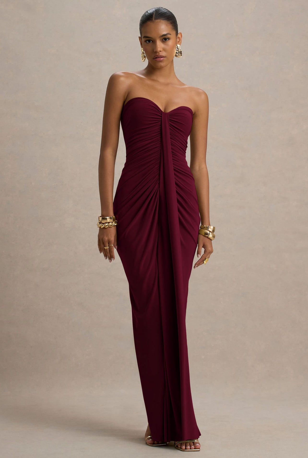 Burgundy Front Draped Tube Dress