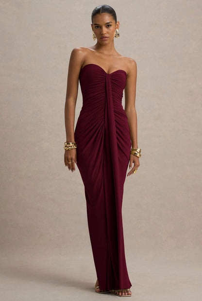 Burgundy Front Draped Tube Dress