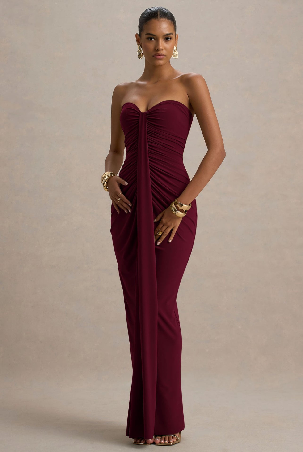 Burgundy Front Draped Tube Maxi Dress Elegant Strapless Evening Gown Kochila Couture Burgundy Front Draped Tube Maxi Dress Elegant Strapless Evening Gown Kochila Couture