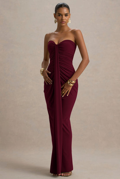 Burgundy Front Draped Tube Dress