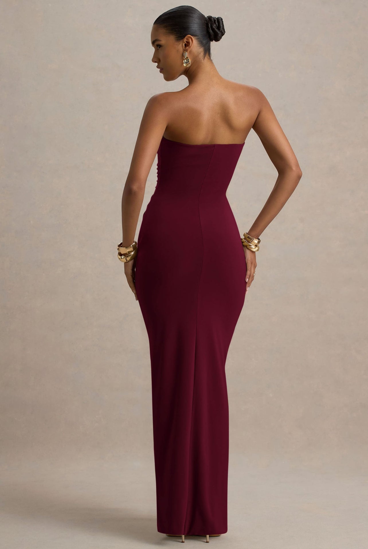 Burgundy Front Draped Tube Maxi Dress – Elegant Strapless Evening Gown