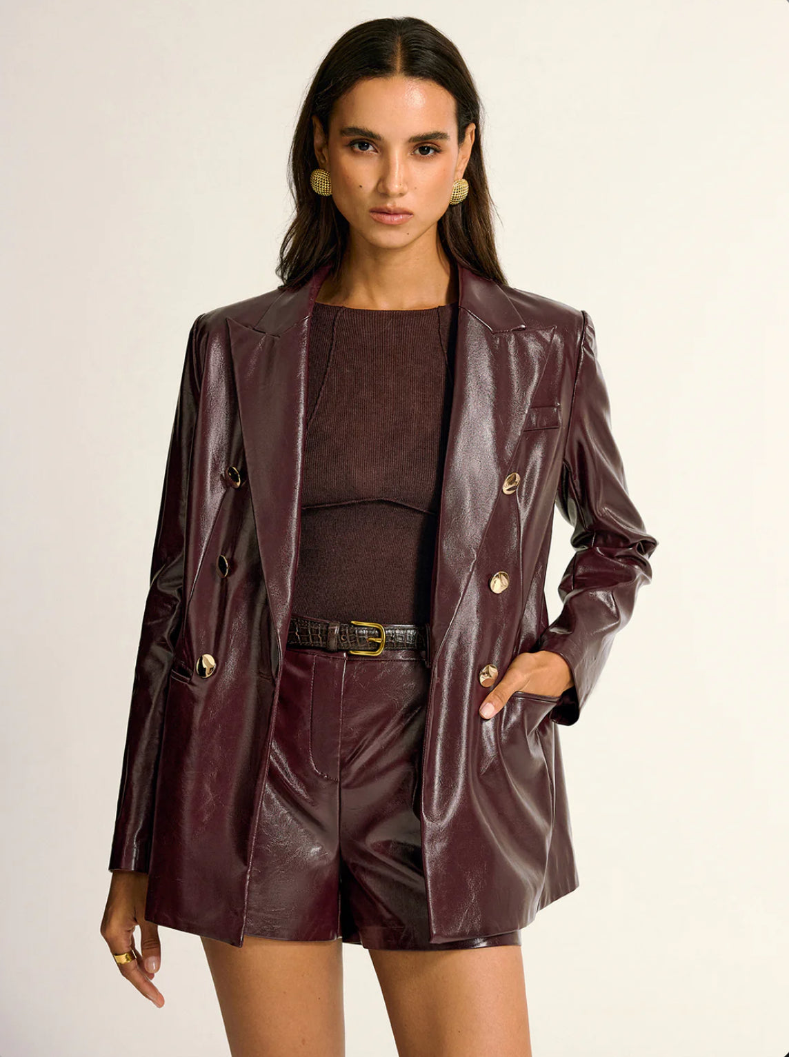 Burgundy Leather Gold Button Blazer