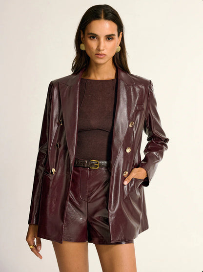 Burgundy Leather Gold Button Blazer