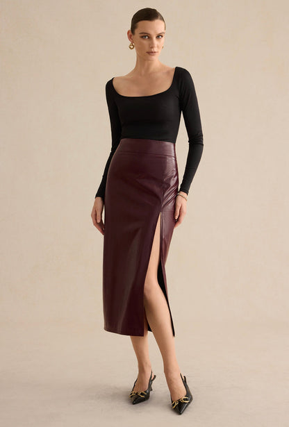 Burgundy Leather Slit Skirt