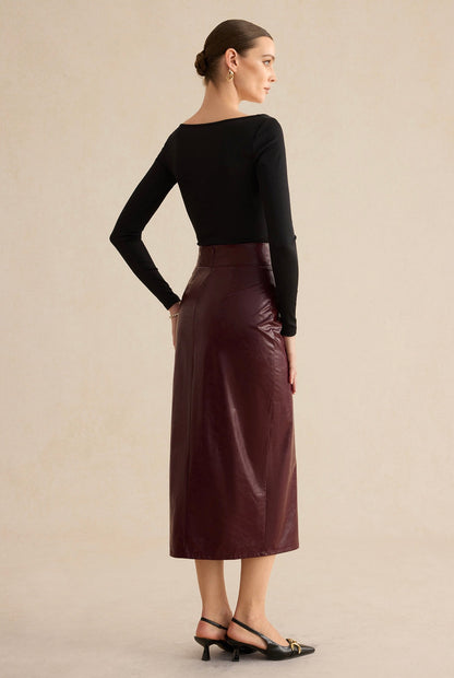 Burgundy Leather Slit Skirt
