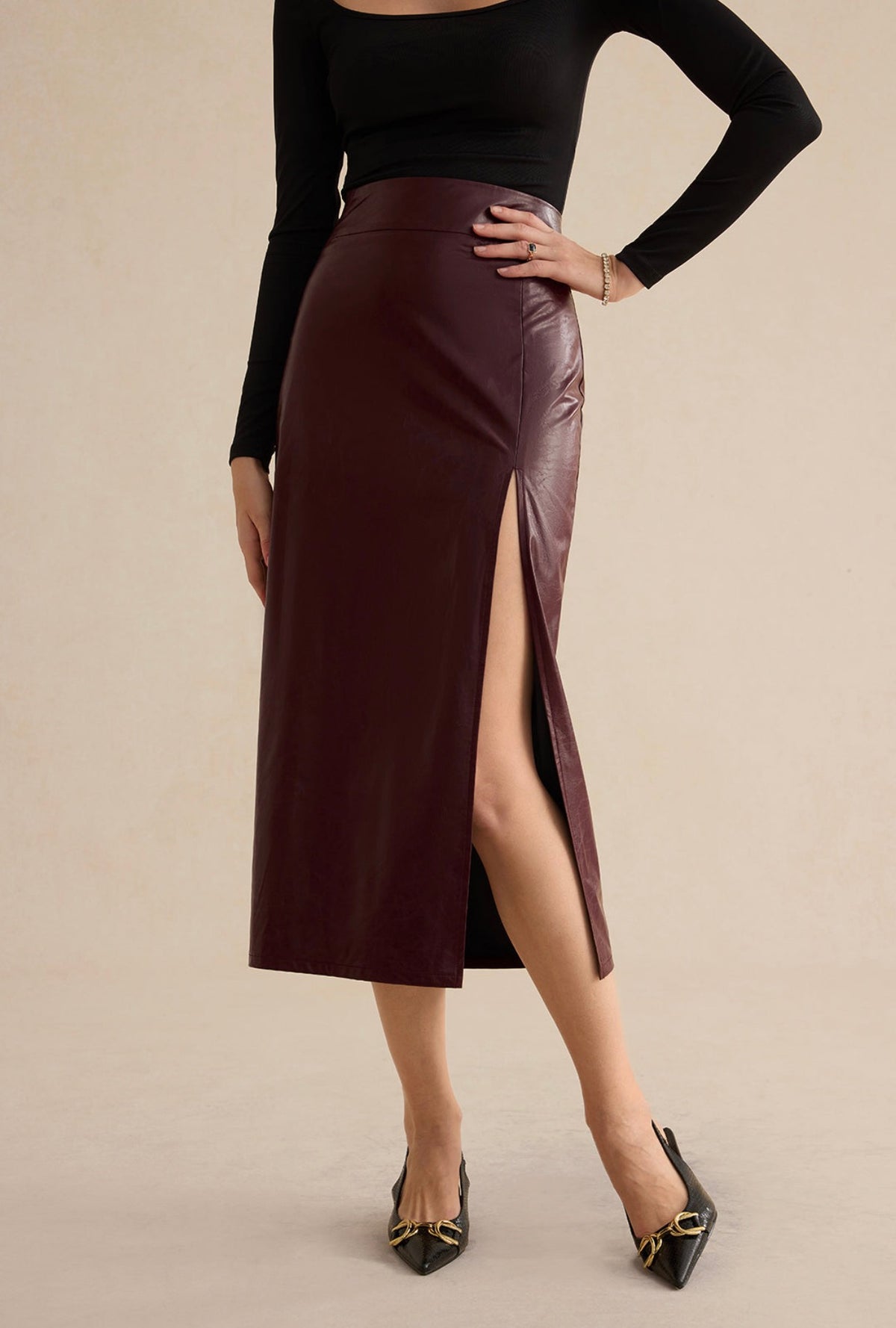 Burgundy Leather Slit Skirt