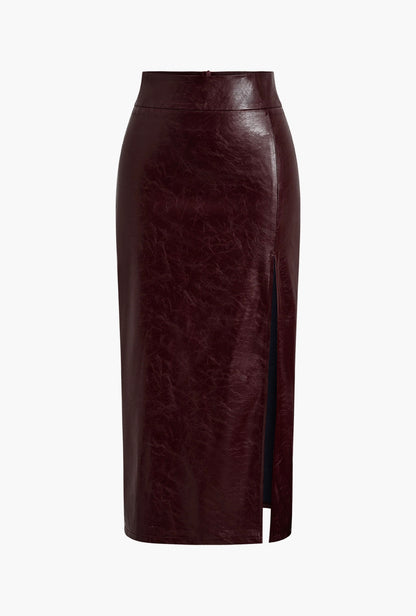 Burgundy Leather Slit Skirt
