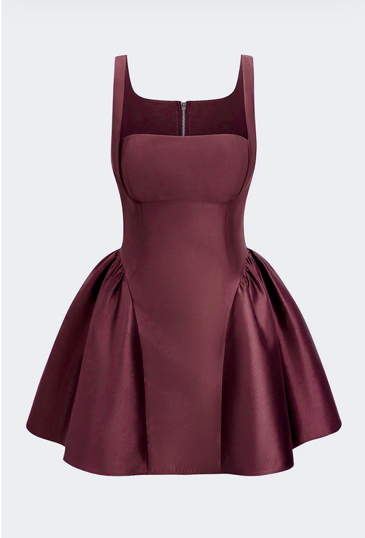 Burgundy Puff Hem Mini Dress
