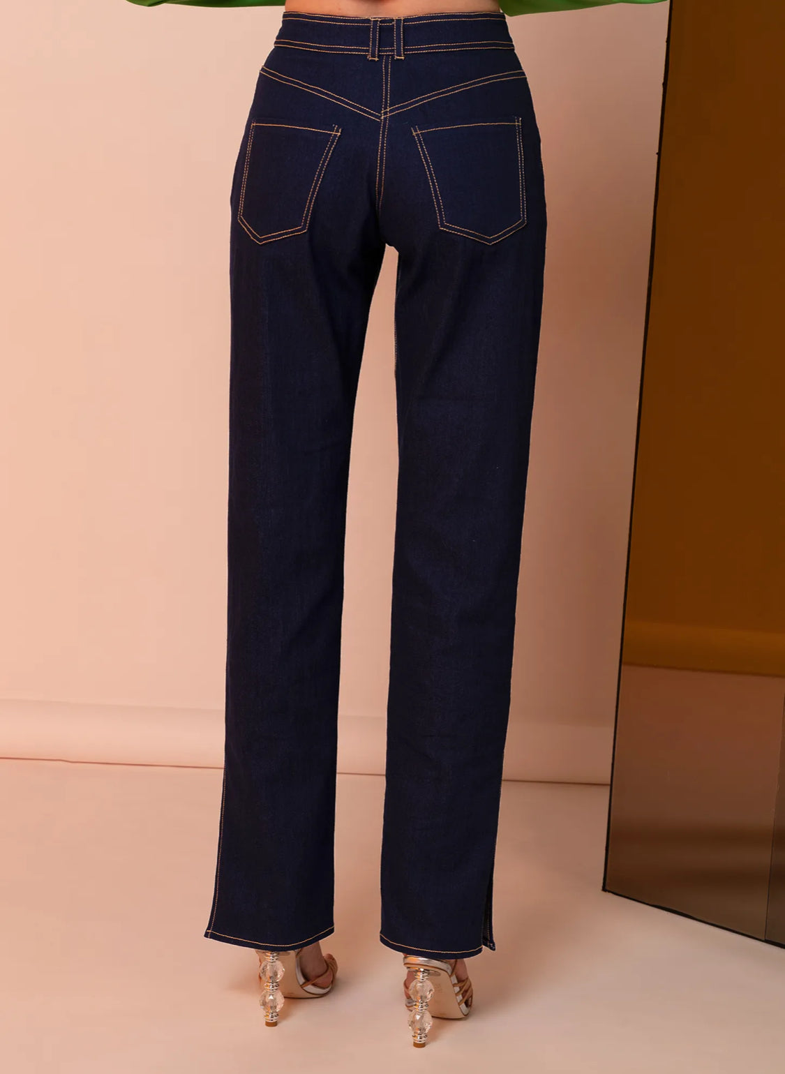 Dark Blue Detailed Straight Slit Jeans