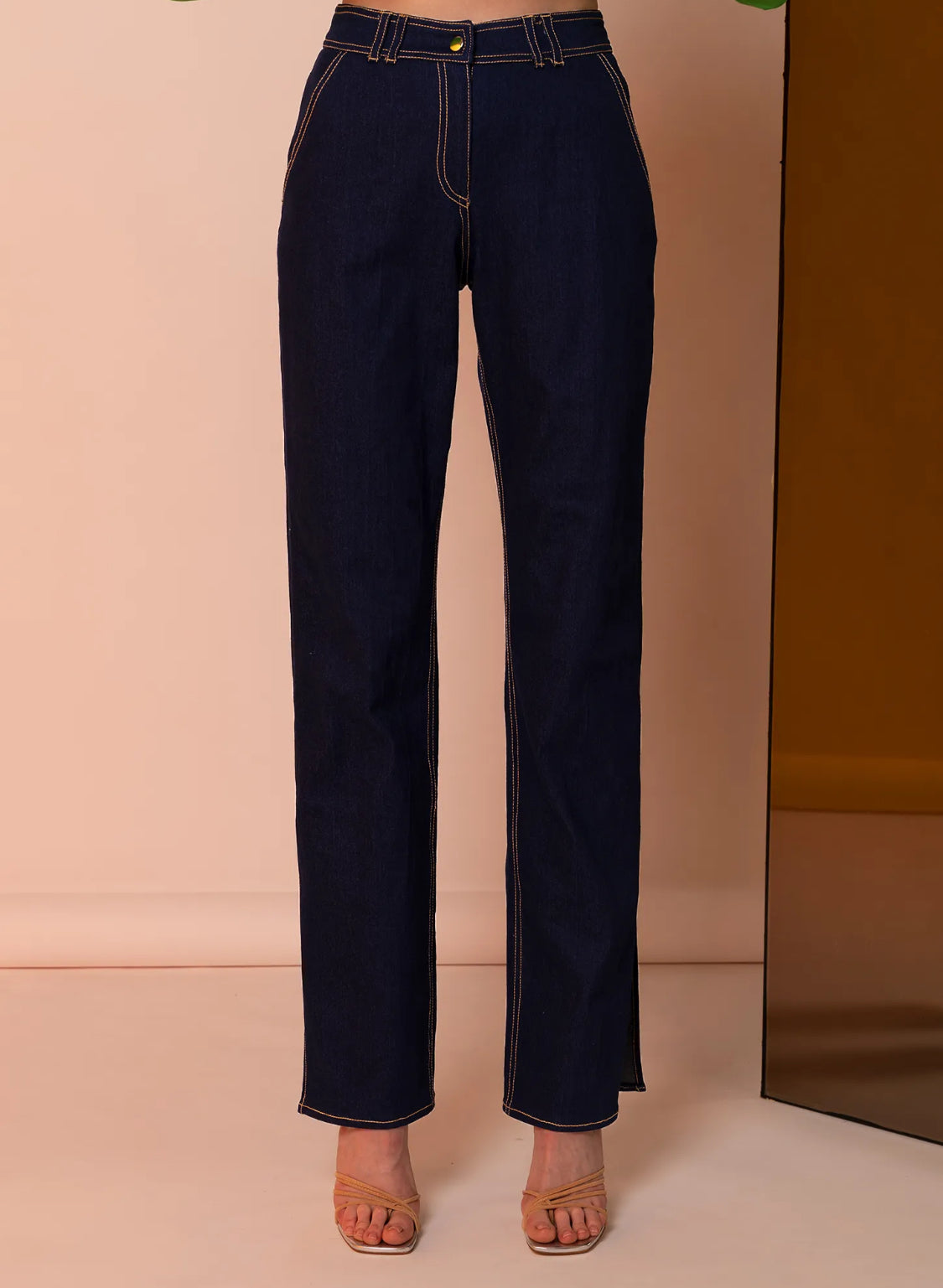 Dark Blue Detailed Straight Slit Jeans